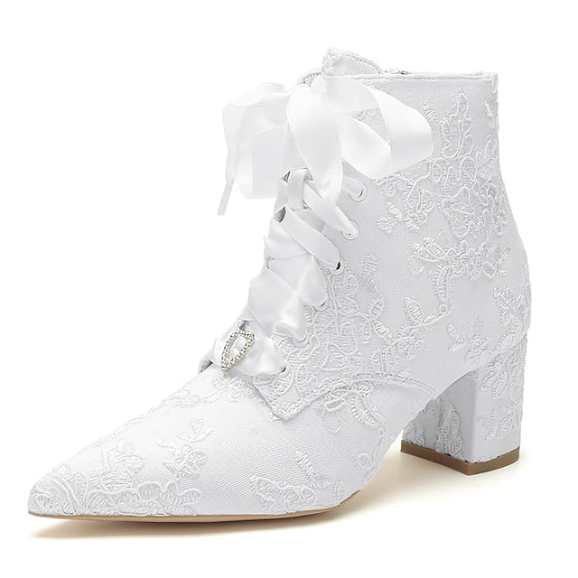 Lace-Up – White Women's Embroidered Booties Bridal Floral