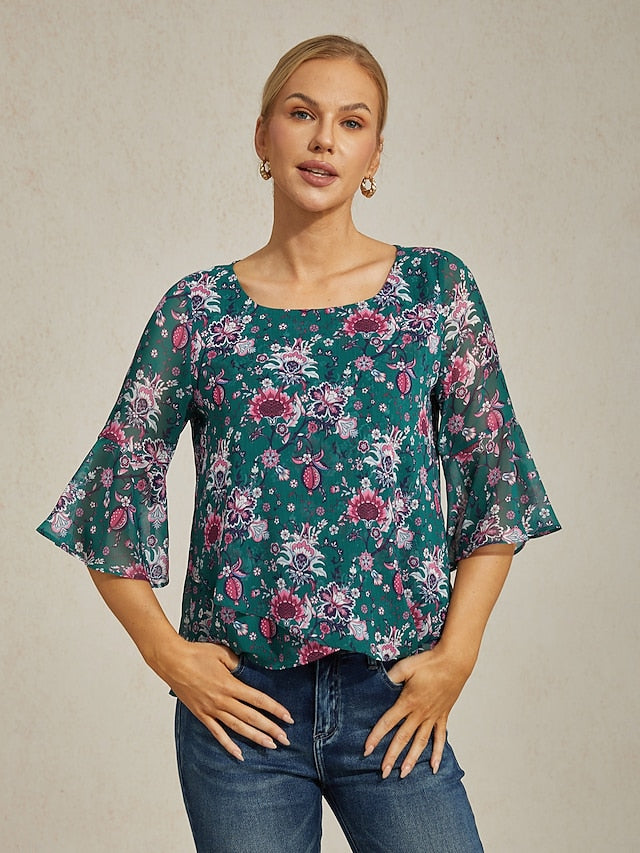 Women's Green Floral Print Sheer Flowy Chiffon Blouse