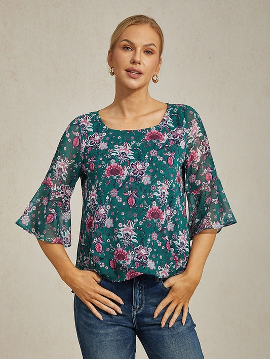 Women's Green Floral Print Sheer Flowy Chiffon Blouse