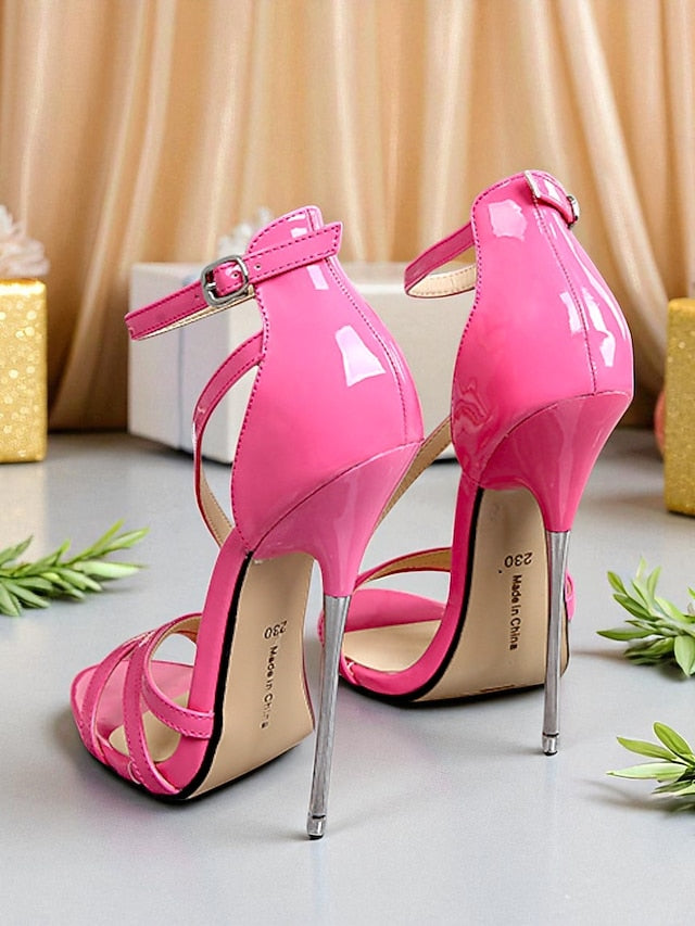 Red Stiletto Strappy High Sandals Heels Patent PU - Women's