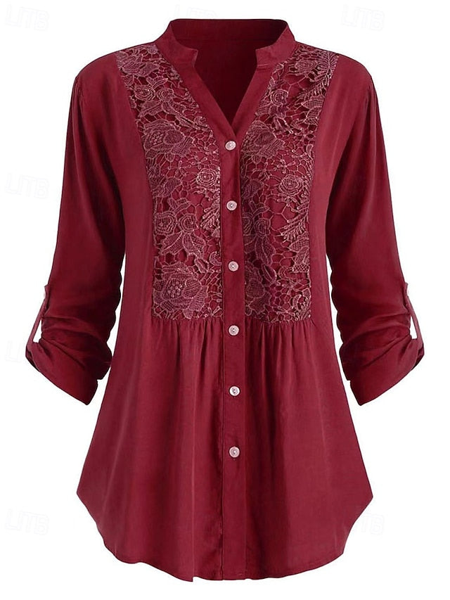 Women's Shirt Blouse Ruched Lace Buttons Plain Elegant