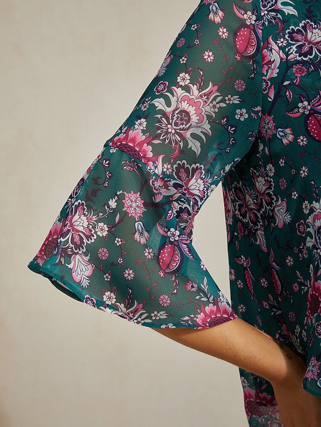 Women's Green Floral Print Sheer Flowy Chiffon Blouse