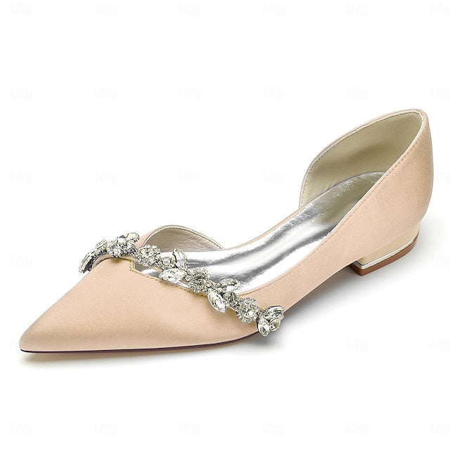 White Satin Flat Shoes Crystal Pointed Wedding with and Toe