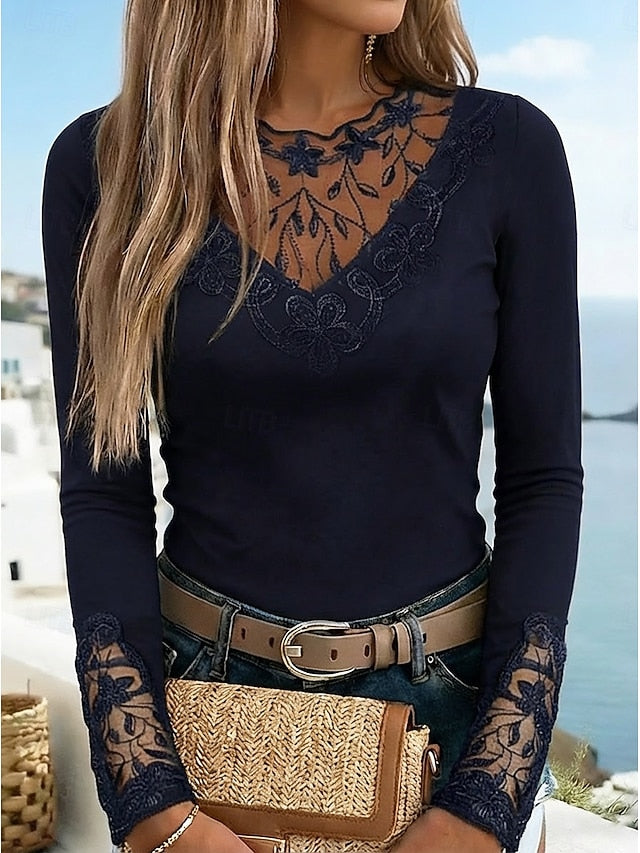 Women's T Shirt Burgundy Tee Mesh Patchwork Top Lace