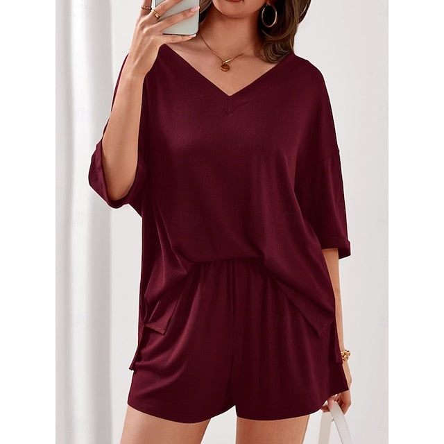Women's Shorts Sets 3/4 Length Sleeve V Neck Solid Color