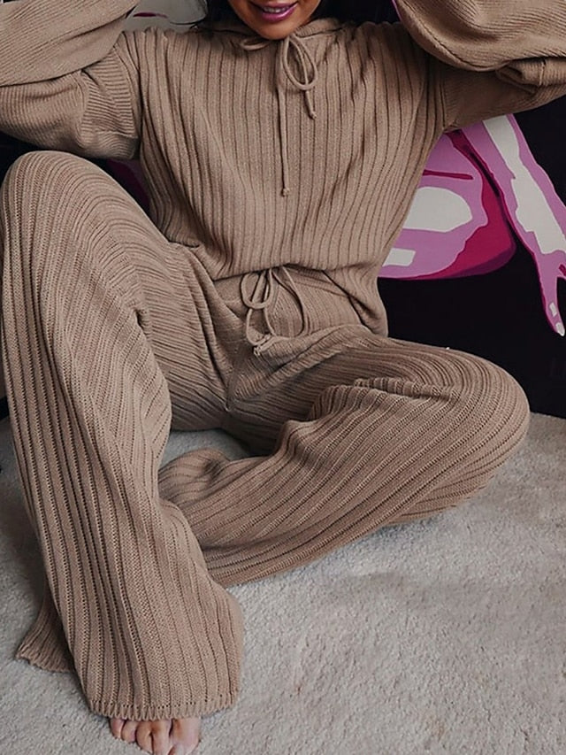 Women's Pants Sets Bolero Top Long Sleeve Hooded Solid