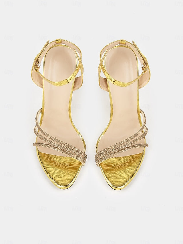 Rhinestone-Embellished Women Sandals for Stiletto Open-Toe Gold