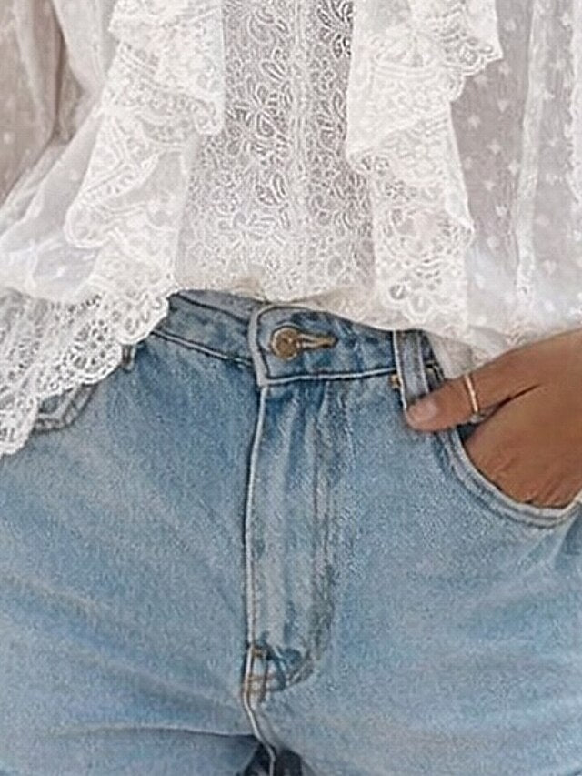 Women's Blouse Lace Ruffle Solid Color Stylish Casual Long