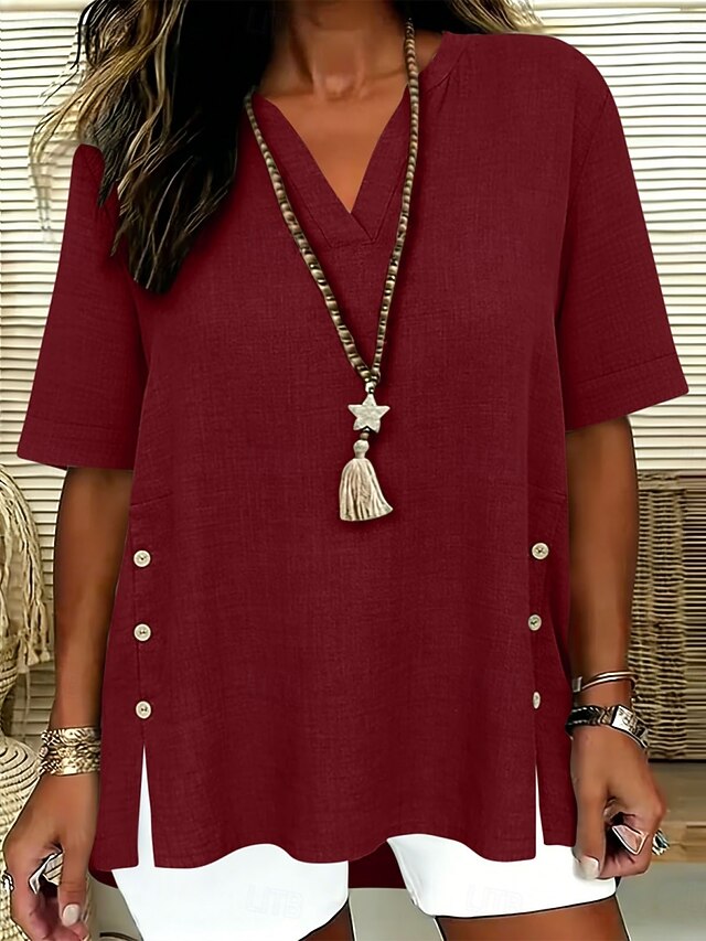 Women's Blouse Faux Linen Shirt Buttons Solid Color Daily