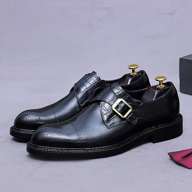 Monk Strap Leather First Black Shoes- Genuine Men's