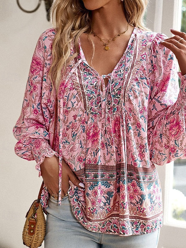 Women's Boho Shirt Blouse Print Flower Modern Boho Long