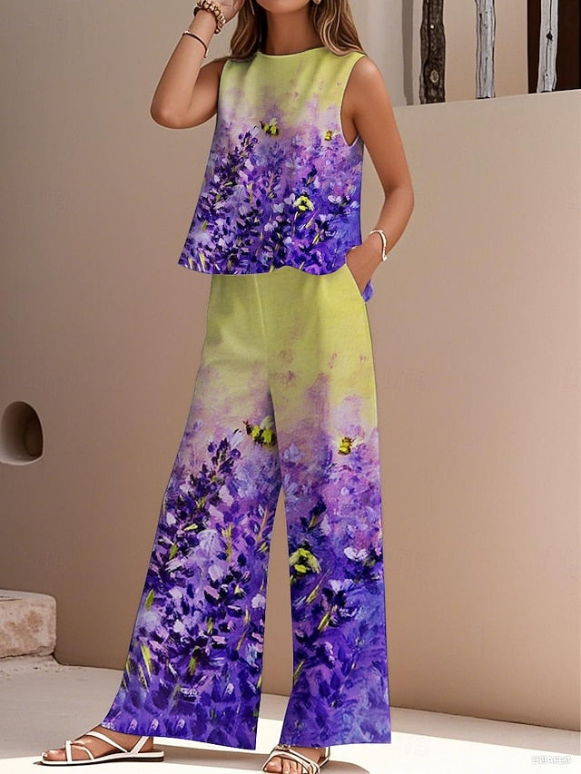 Women's Pants Sets Faux Cotton Linen Sleeveless Crew Neck