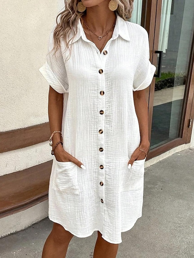 Women's Mini Dress Faux Cotton Linen Dresses Shirt Dress