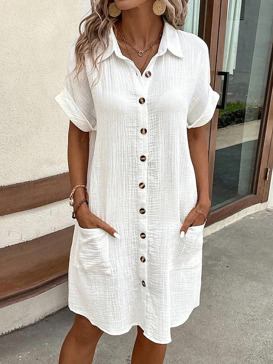 Women's Mini Dress Faux Cotton Linen Dresses Shirt Dress