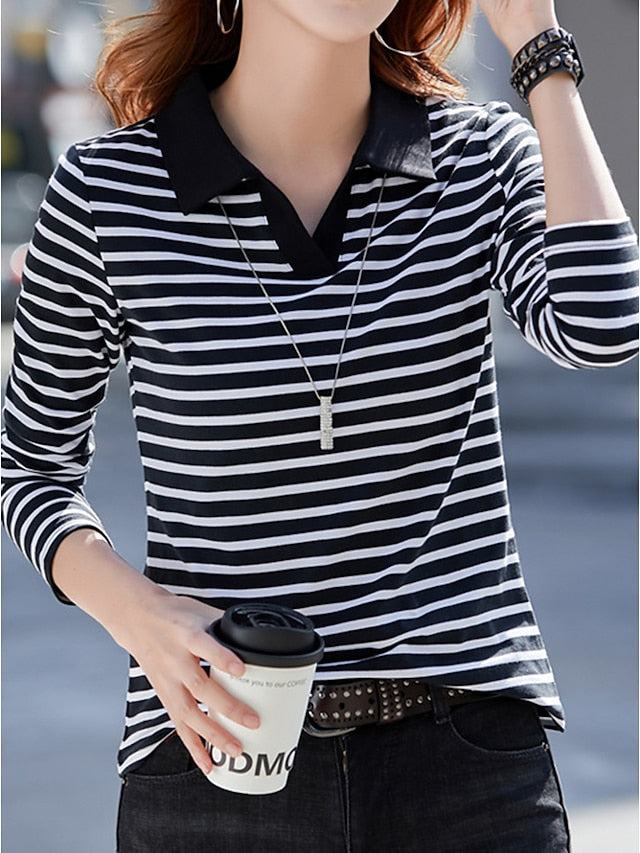 Women's Polo T Shirt Print Striped Fashion Long Sleeve