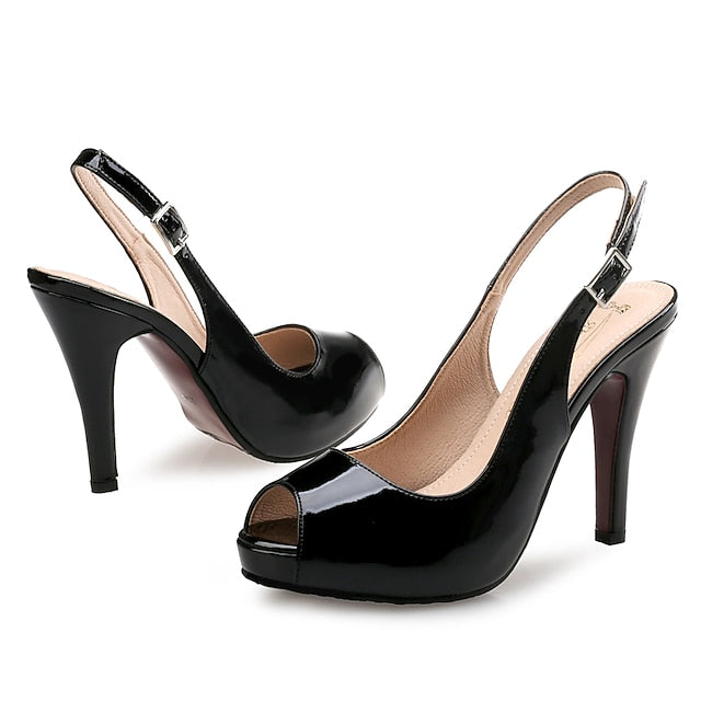 Peep-Toe Slingback Patent Black Heels High Women's Leather
