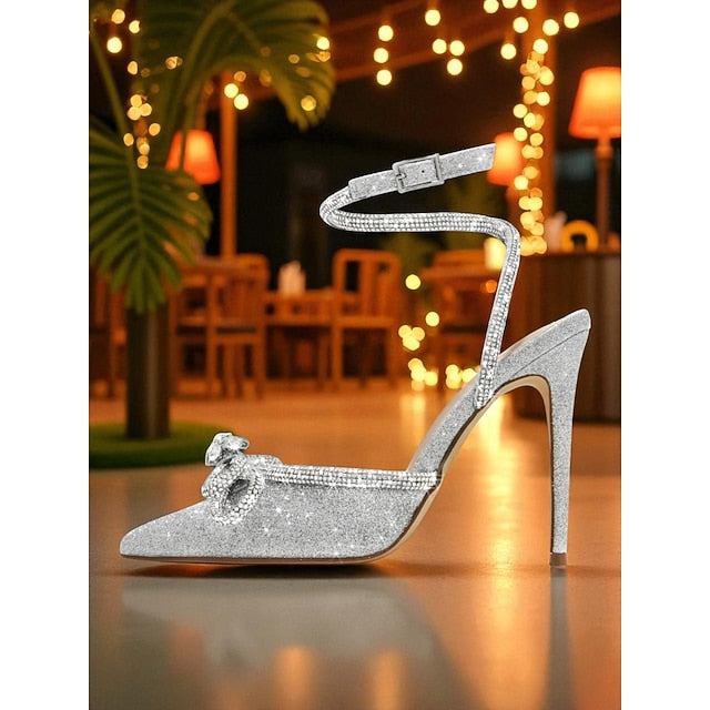 Satin Black Women's Stiletto with Heels Rhinestone Bow and