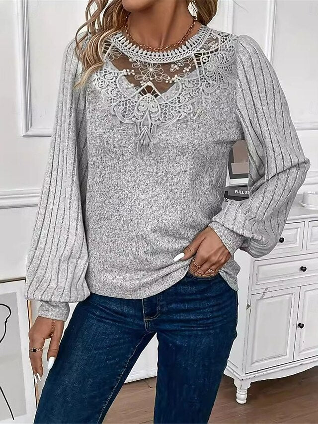 Women's Elegant Lace Tops Eyelet Blouse Casual Solid Color