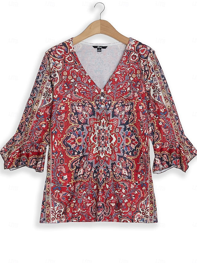 Women's T Shirt Henley Shirt Buttons Print Floral Vintage