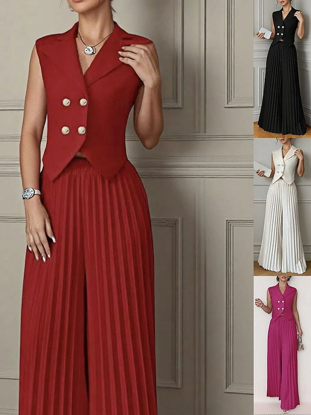 Women's Pants Sets Sleeveless V Neck Solid Color Ruched