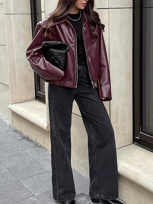 Faux Comfortable Jacket Leather Zipper Pocket Women's Warm