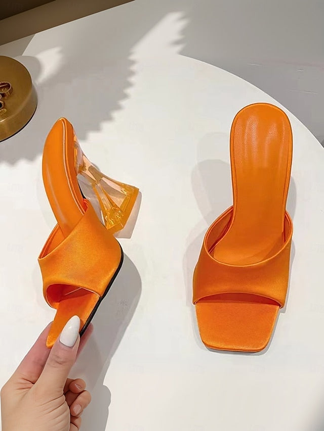 Satin for Block Open-Toe Green Mules Heels Transparent with