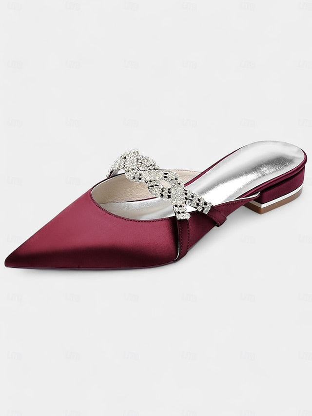 with - Detailing Mule Blue Rhinestone Pointed-Toe Satin Heels