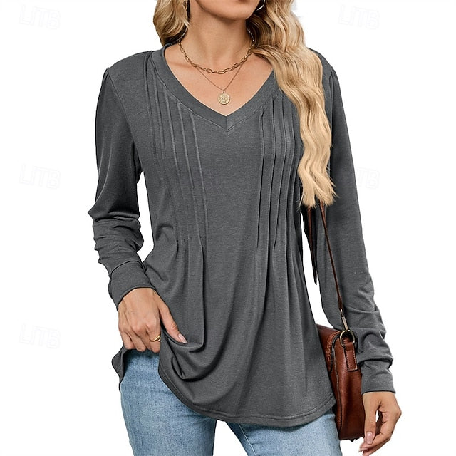 Women's T Shirt Plain Casual Long Sleeve V Neck Regular