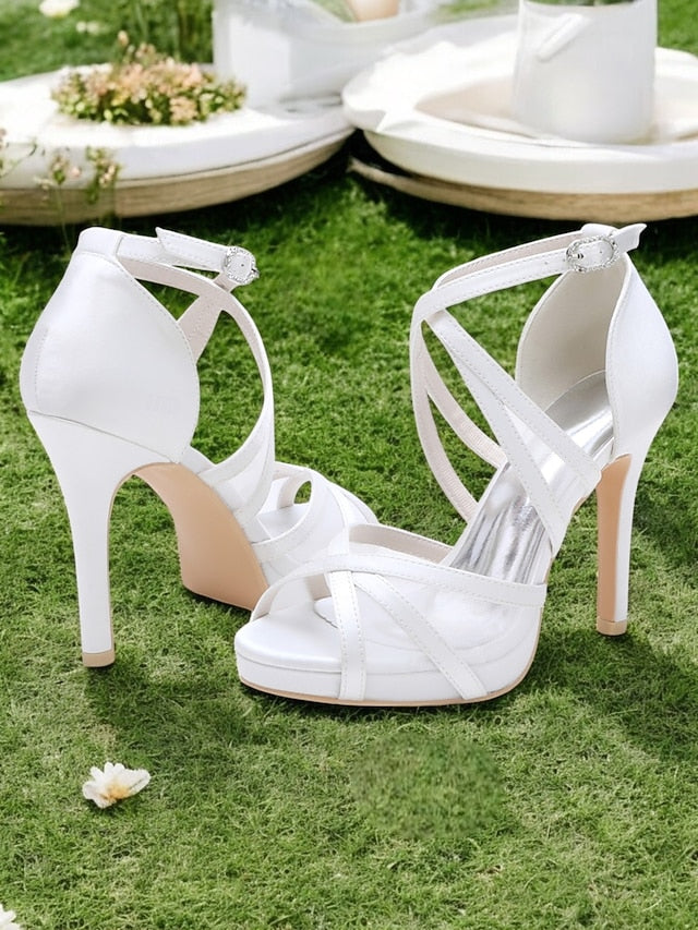 Heel with Satin Sandals High Cross Straps White Bridal Perfect -