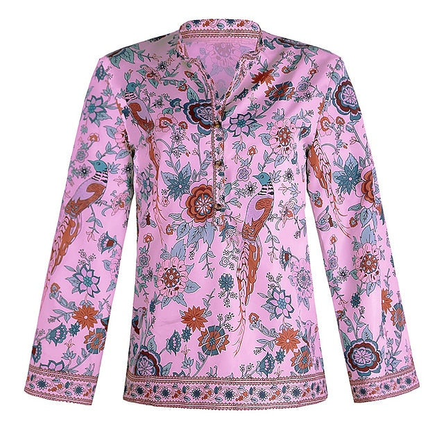 Women's Shirt Blouse Yellow Pink Dusty Rose Graphic Floral