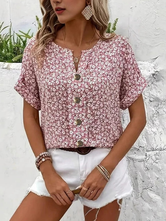Women's T Shirt Tee Top Buttons Print Floral Fashion