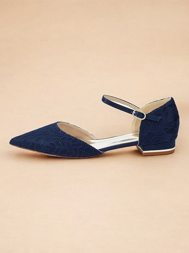 Pointed Ankle Strap Women's and Blue Flats with Navy Lace