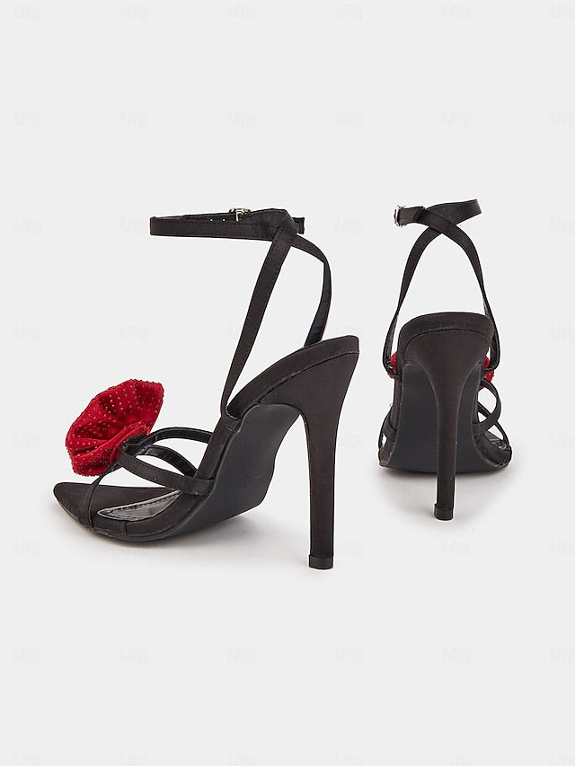 - with Sandals Floral Black High Red Heel Chic Embellishments