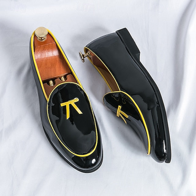 Faux Trim Black Men's Leather Patent Loafers Yellow with