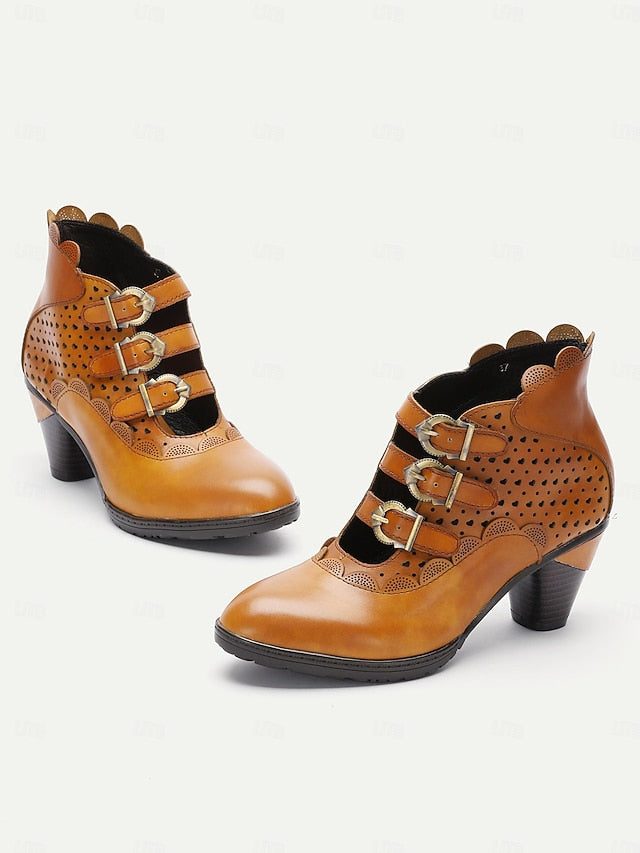 Strap Perforated Boots Brown - Ankle Vintage Women's Buckle