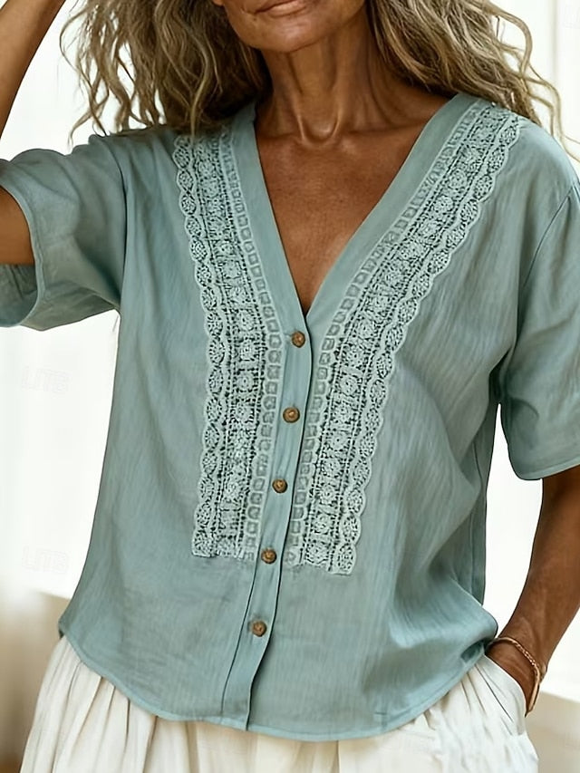 Women's Shirt Boho Shirt Blouse Embroidered Buttons Plain