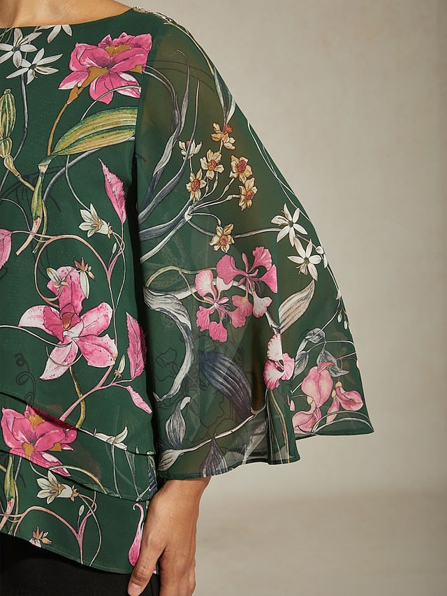 Women's Blouse Sheer Chiffon Green Floral Print Half Sleeve