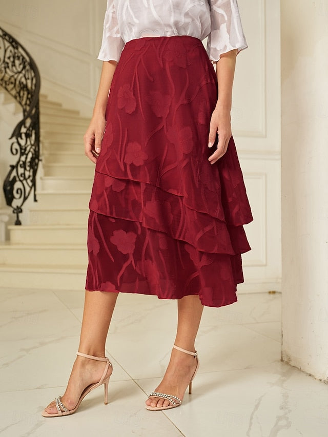 Women's Elegant Midi Mid Waist Skirts Floral Layered