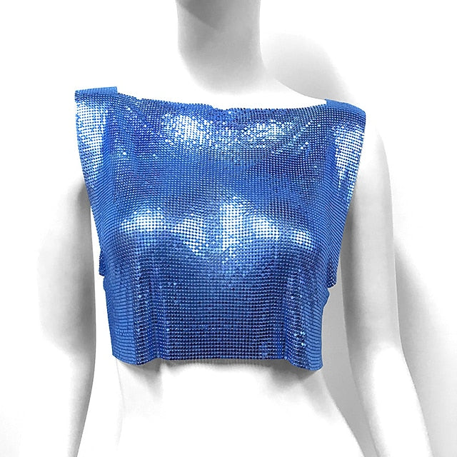Metallic Sparkle Sexy Crop Tank Top Disco Solid Color Fancy