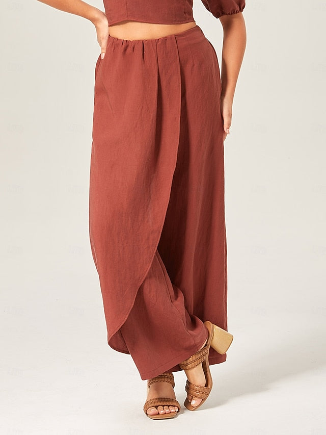 Lyocell-blend Broadcloth Solid Color Loose Long Pants