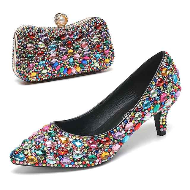 Crystal-Embellished Heel Kitten Shoes Matching and Women's