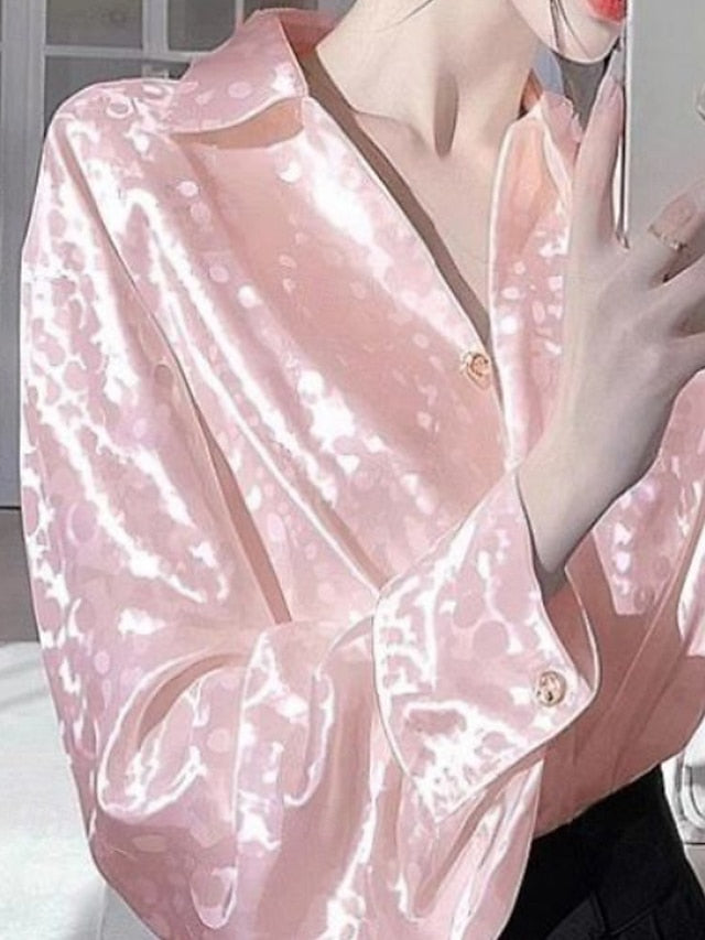Women's Shirt Elegant Dressy Satin Top Buttons Polka Dot