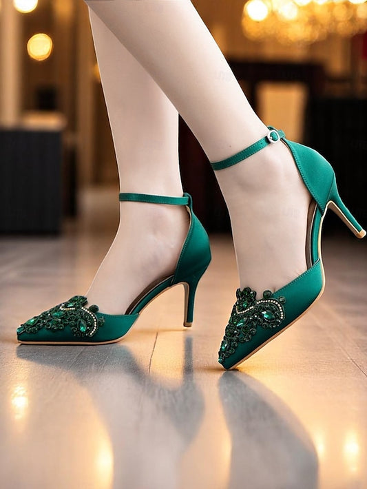 Ankle Heels Pointed Strap – Women's Green Emerald Satin