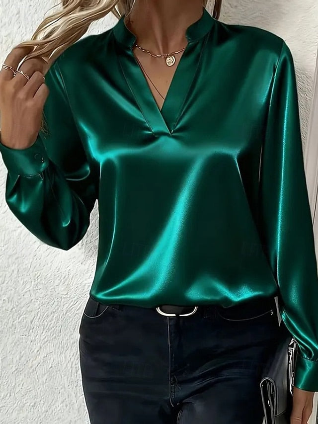 Women's Shirt Elegant Satin Top Blouse Plain Stylish Long
