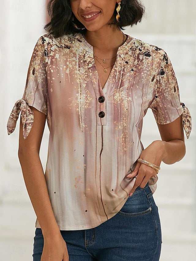Women's T shirt Tee Graphic Print V Neck Tie Short Sleeve