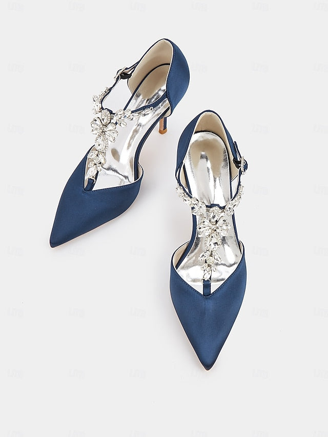 Navy Satin T-Strap Heels Blue Toe – Women's Pointed