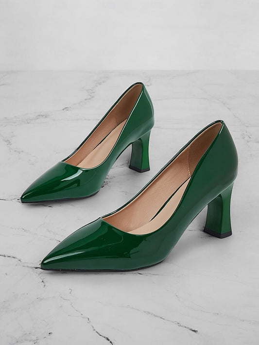Glossy Heel Leather Pointed-Toe Patent Faux Block Pumps Green