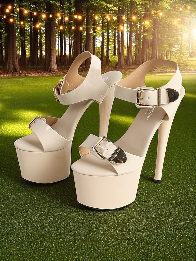 Patent High Heels Gold Buckle with Platform Women's White
