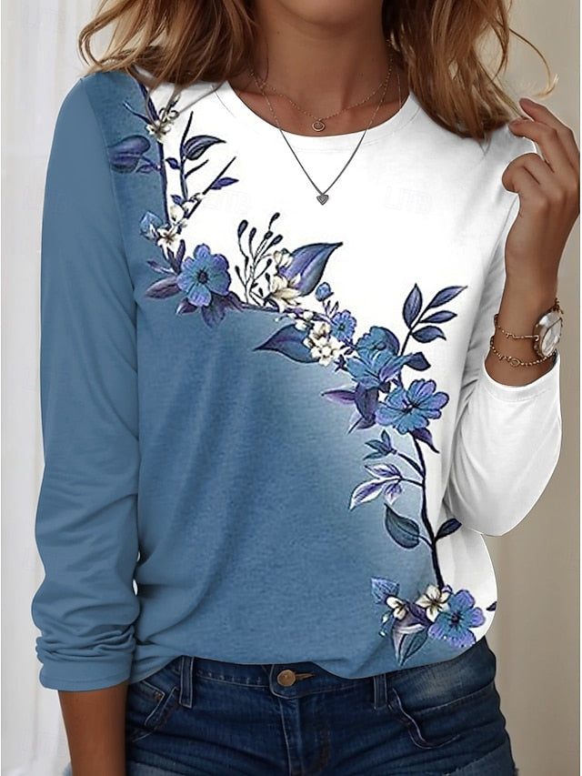 Women's T shirt Crew Neck Long Sleeve Tunic Floral Graphic
