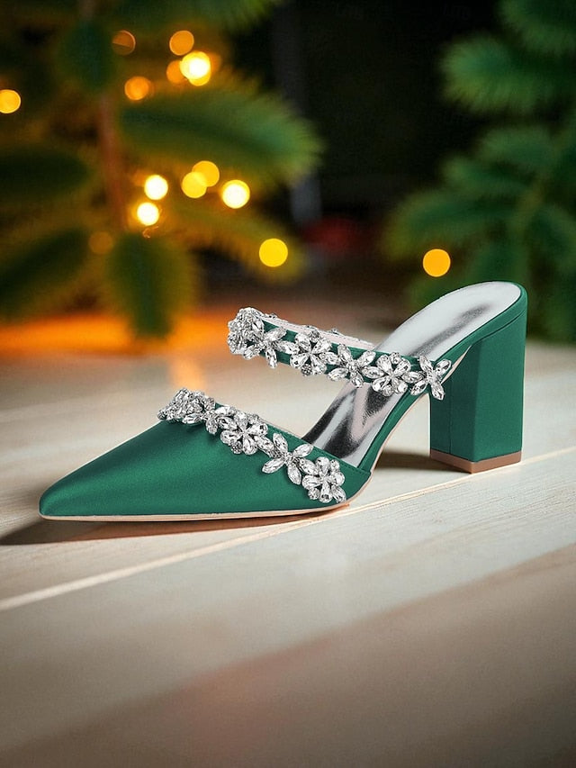 Block Heel Floral with Women's Black Mules Satin Rhinestone